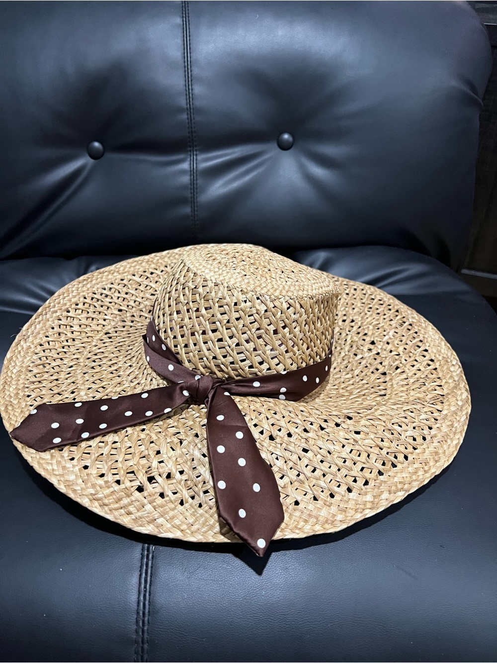 rag & bone Natural Straw Sun Hat with Brown Polka Dot Scarf